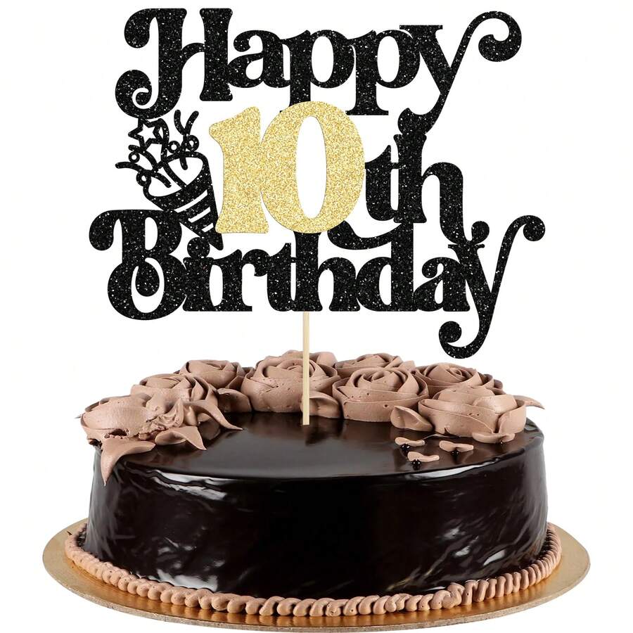 1 Stück Glitzer Happy Birthday Tortenaufsatz, Jubiläumskuchendeko für 10./12. Jahrestag, Hochzeitsparty, Cupcake Dekorationen Schwarz Gold - Verschiedenfarbig - Übersicht 1