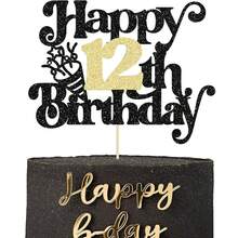 1 Stück Glitzer Happy Birthday Tortenaufsatz, Jubiläumskuchendeko für 10./12. Jahrestag, Hochzeitsparty, Cupcake Dekorationen Schwarz Gold - Verschiedenfarbig - Übersicht 6