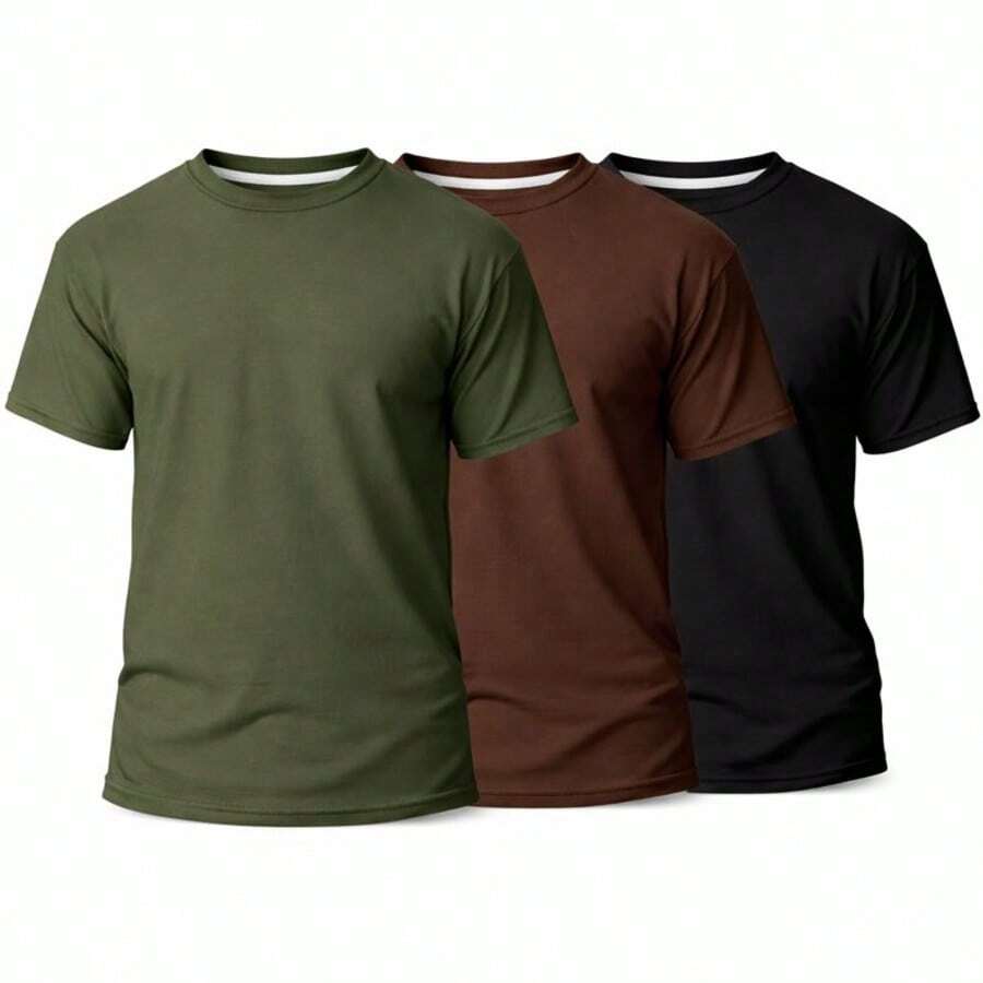 Set Of 3 Men's Basic Plain T-Shirts, 100% Cotton, 30.1 Mm - 深綠色/咖啡色/黑色 - 查看 1