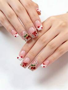 这款10片装的鸭嘴型短按压式假指甲套装，优雅简约，甜美少女风，鸭嘴型短款设计，具有美白和按压效果，可重复使用，手工按压亚克力材质，手绘心形，珠宝级品质，多种颜色水钻点缀，套装包含1个指甲锉和1个自粘标签。 - 彩色 - 查看 3