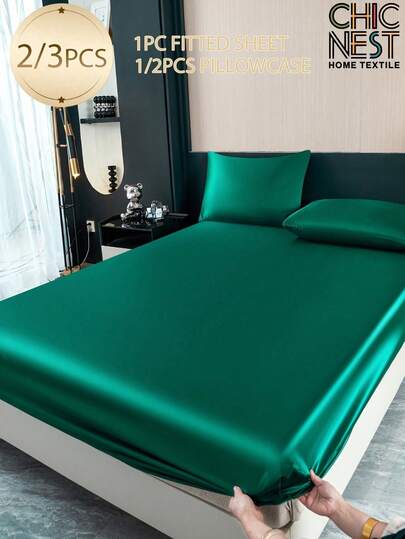 2/3 st enfärgat mörkgrönt satinlakanset simulerat sidenlakanset med 1 st. lakan + 1/2 st örngott utan fyllning, modernt mjukt sängkläderset för hushållet king size queen size twin-storlek lakan överkast djupa fickor upp till 11,8 tum andningsbart skrynkelfritt bättre för sömn, maskintvättbar