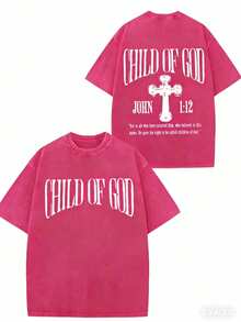 GLEC Child Of God, God Blesses You Classic Retro Fashion Street Cross Jesus Popular Letter Pattern 230g Washed Cotton T-Shirt Men's Summer HighQuality - 玫紅色 - 查看 3