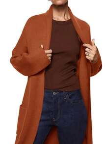Womens Long Sleeve Maxi Cardigan Open Front Oversized Knitted Sweater Coat Casual Lapel Warm Overcoat With Pockets - Quả cam - Xem 2