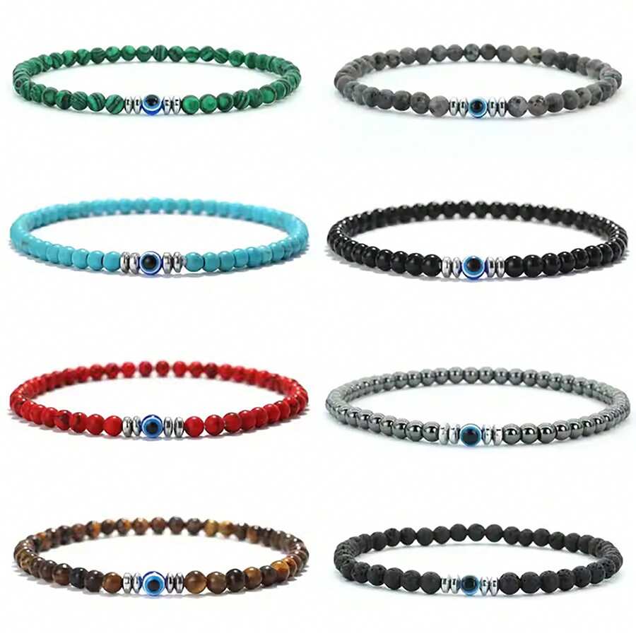 1件天然黑曜石圆珠情侣手链 时尚蓝色邪眼弹力手链 男女通用 高级珠宝 - 彩色 - 查看 1