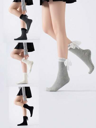 1双系带瑜伽袜，防滑健身袜，时尚百搭纯色蝴蝶结运动舞蹈袜