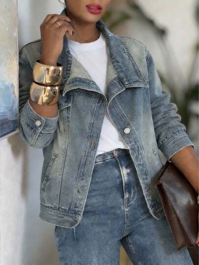 Women's  Oversized Denim Jacket: Metal Asymmetrical Buttons & Stand Collar - Ideal For Daily, Commute, Travel & Outings