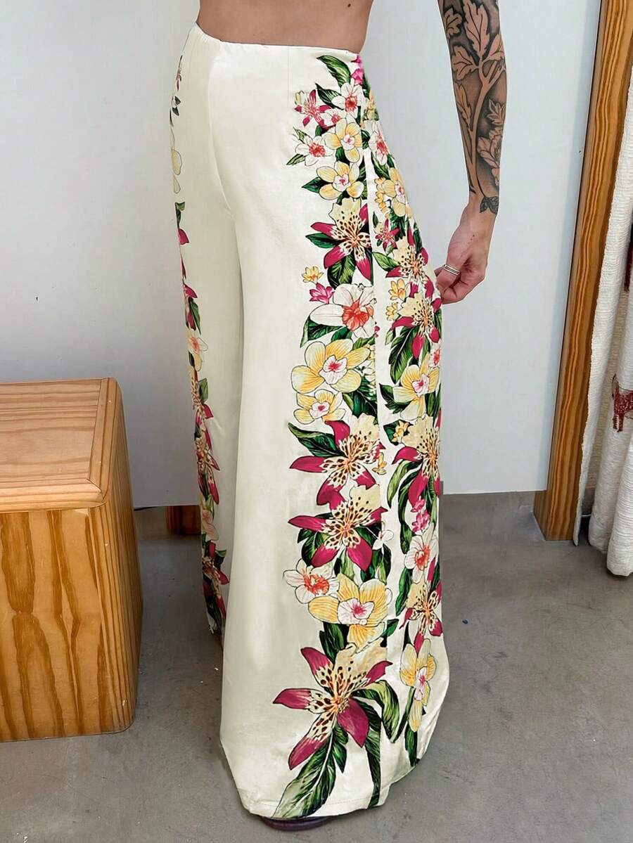 女士休闲时尚夏季新款低腰阔腿裤,印花图案,复古奶油白底色,鲜艳花卉印花,垂坠显瘦效果,度假风休闲裤 - 彩色 - 查看 1