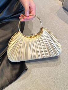 High-End Socialite Pleated Handbag, New Round-Ring Top-Handle Bag, Evening Cheongsam Bag, Clutch And Crossbody Bag, Acrylic Pleated Bag In Champagne Colour With Clasp Closure And Single Top Handle, Suitable For Girls Attending Parties And Other Evening Occasions - Champagne - View 3