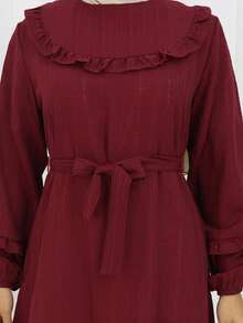 Women's Elegant Casual Solid Color Ruffle Trim Patchwork Lantern Sleeve Dress With Tie Waist, Loose Fit Long Dress For Holiday, Wedding, Daily Wear, Red Spring - Burgundy - View 6