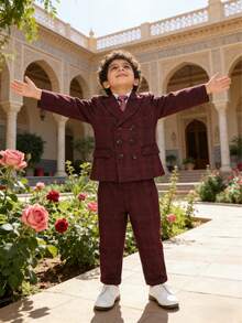 Boys' Plaid Gentleman Suit Set - Plaid Blazer + Pants + Tie, Suitable For Parties, Banquets, Dances And Other Occasions - Burgundy - View 6
