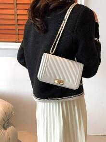 1pc Women's Fashion Solid Color & Printed Wide Strap Hard Handbag & Shoulder Bag - White - View 5
