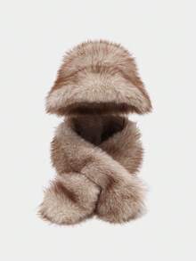 1 Set Sombrero de cubo de piel sintética de visón y bufanda, conjunto de sombrero de cubo de felpa gruesa y cálida para mujer en otoño/invierno, estiloso y estilizador de rostro - B - Ver 21