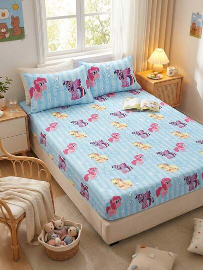  2/3pcs My Little Pony Printed Bedding Set, Skin-Friendly Mattress Cover, Printed Mattress Protector, Soft & Breathable, Warm, Multiple Sizes Available For Twin/Full/Queen/King, Machine Washable, Cartoon Character Design, Cozy Room Decor, Great Gift, Blue
