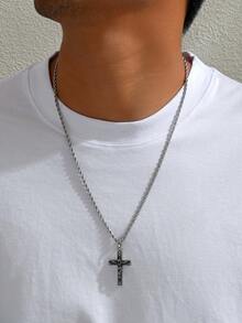 1pc Men's Vintage Stainless Steel Jesus Cross Pendant Necklace, Distressed Texture Crucifix Necklace, Versatile Hiphop Style Necklace Suitable For Fashionable And Retro Faith Outfits - White - View 2