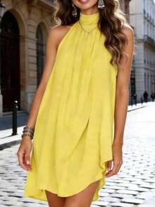 女士优雅休闲纯色褶皱半透明无肩带迷你连衣裙，适合夏季、春季、情人节、派对等场合，也可作为女士度假装穿着。 - 黃色 - 查看 3