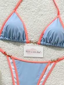 2026 New Fashionable Colorblock Women's Bikini Two Pieces Swimwear Set, Suitable For Summer Beach, Pool, Vacation, Holiday Party Sexy Beach Outfit - Blue Coral Orange - View 4