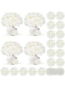 24/48/60pcs White Artificial Hydrangea Flowers With Stems, Silk Faux Hydrangea Heads For DIY Crafts & Home Table Decor - White - View 12