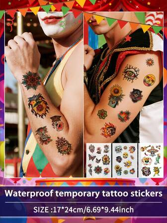 2Pcs Men Tattoo Carnival Temporary Tattoo Neo Traditional Skull Rose Fake Waterproof Sweatproof Disposable For Women And Mem Face, Arm, Waist, Chest, Leg, Abdomen, Neck, Hand, Finger, Back For Dancing Party Stage Performance Modernist Body Art