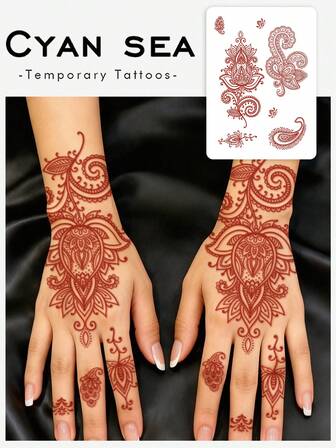 1 Valentine's Day/Ramadan Temporary Tattoo Sticker, Waterproof And Sweatproof, Reddish-Brown, Floral Henna Pattern, Delicate Heart Shape, Geometric Pattern, Romantic Lace, Floral Pattern, Mandrake Pattern, Fashionable Hand Nail Art Fake Tattoo, Plant Fake Tattoo - Temporary Tattoo - Popular And Suitable For Birthdays, Weddings, Party Decorations, Lasts 3-5 Days.