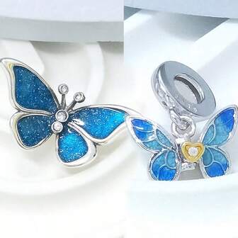 1pc Elegant Blue Butterfly Beaded Pendant, 4.5mm Hole Diameter, Charming Charm Suitable For Snake Chain Bracelet DIY Jewelry, Women Everyday Wear