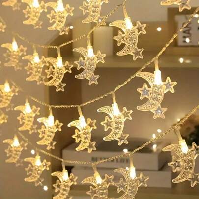 1 Pack Battery Powered Eid Large Moon & Three Stars String Light 10/20/30/40 LED Hanging Lamp Suitable For Home Bedroom Tree Yard Patio Garden Party Wedding Birthday Holiday Decoration