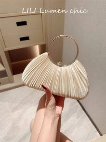 High-End Socialite Pleated Handbag, New Round-Ring Top-Handle Bag, Evening Cheongsam Bag, Clutch And Crossbody Bag, Acrylic Pleated Bag In Champagne Colour With Clasp Closure And Single Top Handle, Suitable For Girls Attending Parties And Other Evening Occasions - Champagne - View 8