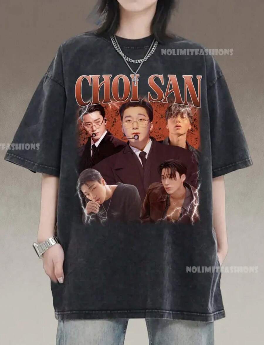 Vintage Choi San T-Shirt, Unisex Kpop Tour Tee - màu đen - Xem 1