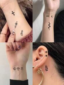（30张/套）迷你暗黑风格临时纹身贴纸，图案精致清晰，包含星星、月亮、花朵、星座、爱心、线条等多种元素，满足各种搭配需求，防水持久3-7天，适用于手指、耳垂、手腕等部位。 - 黑色 - 查看 2