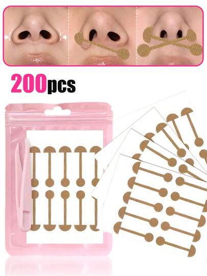200片弹性鼻型贴，自粘式鼻翼矫正器，适用于宽鼻孔，亲肤鼻部提拉胶带