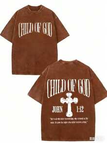 GLEC Child Of God, God Blesses You Classic Retro Fashion Street Cross Jesus Popular Letter Pattern 230g Washed Cotton T-Shirt Men's Summer HighQuality - 咖啡棕 - 查看 1