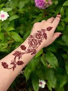1-4张情人节海娜纹身贴纸，防水防汗，红黑玫瑰藤蔓图案，色彩鲜艳时尚，适用于手部和指甲，花卉设计，临时纹身，适用于生日、婚礼和派对装饰，可持续3-5天 - 彩色 - 查看 3