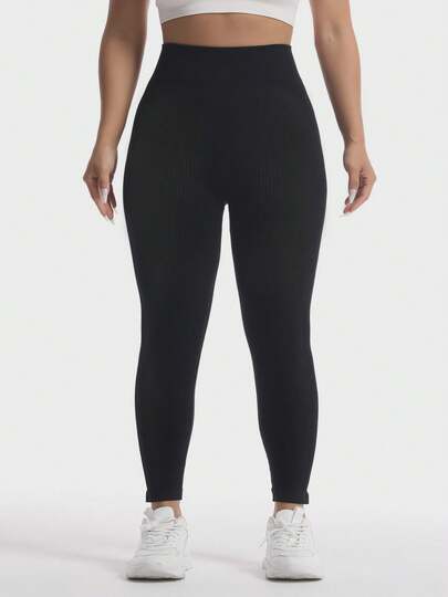  TNTOR Women's Plus Size High Waist Ribbed Butt Lifting Leggings, High Elastic Quick Dry Skinny Workout Pants, Peach Hips Mid-Waist Yoga Black Trousers, High Waist Design With Tummy Control, Suitable For Exercise And Sports, Cycling, Enhancing Figure, Comfortable For Fitness Enthusiasts