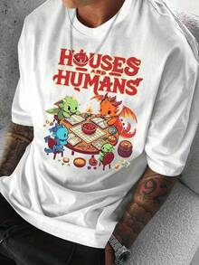 Fashion TrendPure Cotton Suitable For All Seasons Men's Outdoor Style Casual Short Sleeve T-Shirt With Little Dragon Cozy Wooden House Pattern And Letter Print Daily Leisure Wear, Loose And Comfortable - 白色 - 查看 12