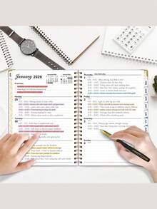 1/6本 2026 A5 螺旋笔记本，周计划本，月历和周历，粉色和金色包边，弹性封口，内袋，适合办公和学习，高容量优质加粗中性笔，1支商务办公圆珠笔，学生考试用黑色书写笔