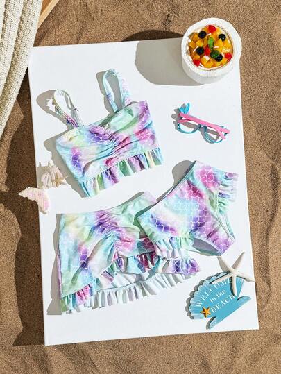 少女美人鱼鳞片印花荷叶边泳装套装