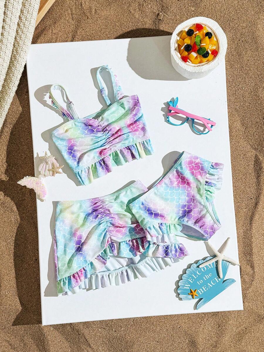 少女美人鱼鳞片印花荷叶边泳装套装 - 彩色 - 查看 1