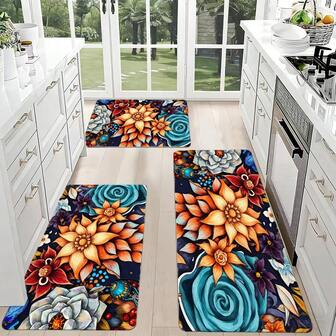 Vibrant Floral Pattern Kitchen Mat With Orange Red Blue Purple Flowers, Intricate Swirls & Dots - Decorative Floor Rug For Bright Organized Kitchen, White Cabinets & Wooden Countertop Setting, Ad