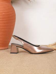 2026 New Pointed Toe Rose Gold Women's Shoes, Strap High Heel Shoes, Thick Heel Open Toe Party Pumps, Fashionable Patent Leather Elegant Ladies Backless Sandals - Rose Gold - View 5