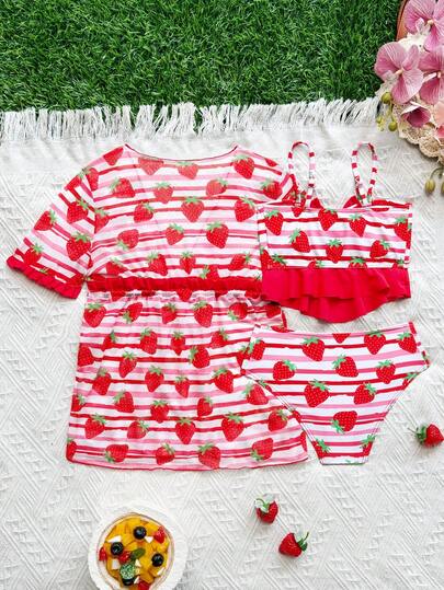 Young Girl New Cute Strawberry Print Multi-Piece Children Swimwear