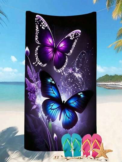 1pc Creative Colorful Butterfly Print Beach Towel, Super Absorbent Pool Towel, Non-Stick Sand, Extra Large Beach Blanket, Ultra-Fast Drying Swimming Towel, Suitable For Travel, Pool, Diving, Surfing, Yoga, Camping, Motorcycle Club Gatherings, Beach Essential Bathroom Decor