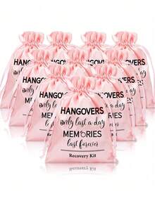 14-teiliges Hochzeits-Kater-Set, rosa Junggesellinnenabschied Geschenkset, Kater-Überlebens-Set in großer Kordelzugbeutel, perfekt für Brautduschen & Hochzeitsgeschenke - Pink - Übersicht 1