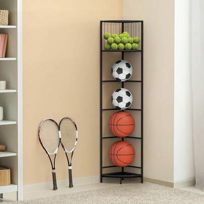 5 Tier Ball Storage Rack, 4 Ball Storage Rack With Basket, Corner Ball Holder For Basketball, Football, Volleyball, Vertical Ball Rack, 12.4" X 12.4" X 66.3", Black
