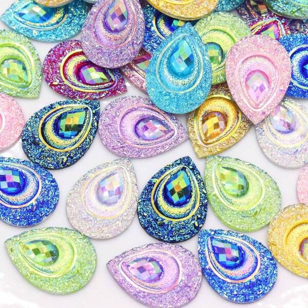 30 Stücke/Packung große tropfenförmige Harz Pfauenschwanz Pailletten, Harz Strass Augen, AB Farbton Harz Kristalle, geeignet für DIY Tanzkostüme, 18*25mm