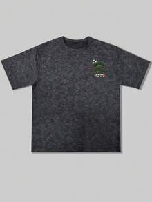 Zrgoth 男士休闲百搭简约日式仙鹤印花复古水洗短袖T恤 - 黑色 - 查看 5