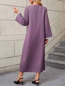 Vestido árabe de mujer talla grande con patchwork de rayas, botones, encaje y cinta - Púrpura malva - Ver 2