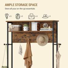 HaluPeit Coat Rack With Shoe Storage, Hall Tree With Bench For Hallway, 14 Open Compartments, Coat Stand With Adjustable Shelves, 13 Hooks, Top Storage For Living Room, Entrence - 復古棕黑色 - 查看 5