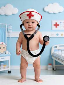 手工钩织护士主题套装：帽子+尿布+听诊器，新生儿摄影道具，婴儿护士服，百日庆典 - 白色 - 查看 11