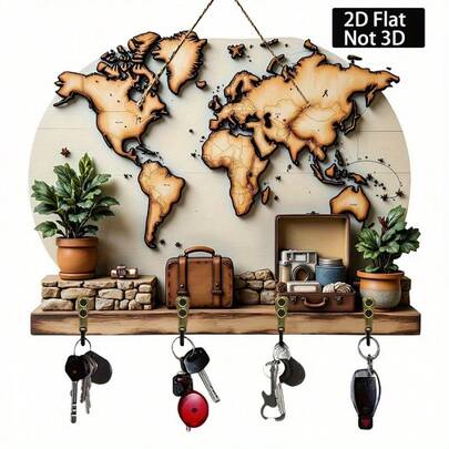 Soporte de pared para llaves con 4 ganchos de metal con mapa del mundo plano 2D - Decoración de continentes marrones, mapa del mundo vintage con etiquetas de países, organizador de entrada ahorra espacio, adecuado para el hogar, porche, habitación, villa - Decoración con tema de viaje, almacenamiento de llaves elegante y práctico, viene con tornillos, fácil de instalar, regalo ideal para viajeros y entusiastas de la decoración del hogar, 2D plano