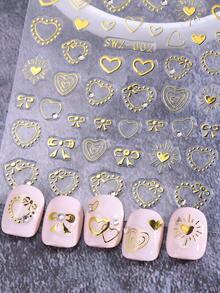 2片装浪漫项链造型美甲贴纸，闪亮亮片爱心3D自粘美甲贴花，金属粉色和蓝色爱心美甲DIY装饰美甲用品，适合女性、女孩、情人节和婚礼美甲设计 - 金色 - 查看 6