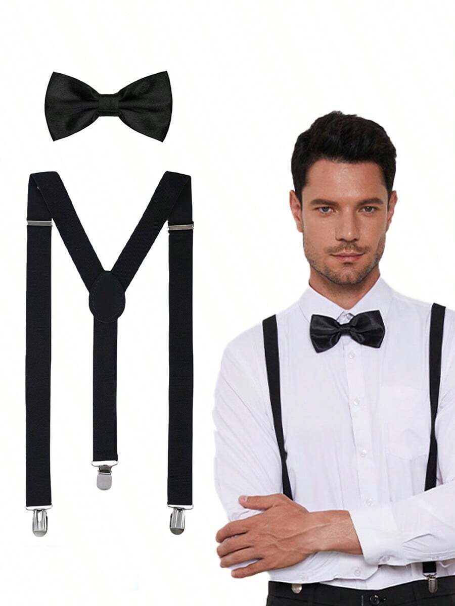 1 Set Senfgelbe einfarbige Herren-Hosenträger mit Fliege, 3-Punkt Vintage-Stil britische rutschfeste Anzughosenträger - Schwarz - Übersicht 1